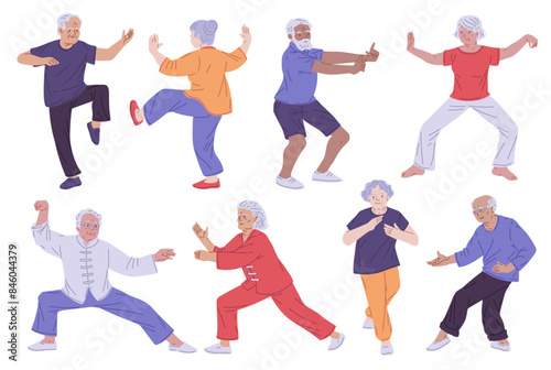 A group of elderly people in Tai Chi poses, vector set on a white background