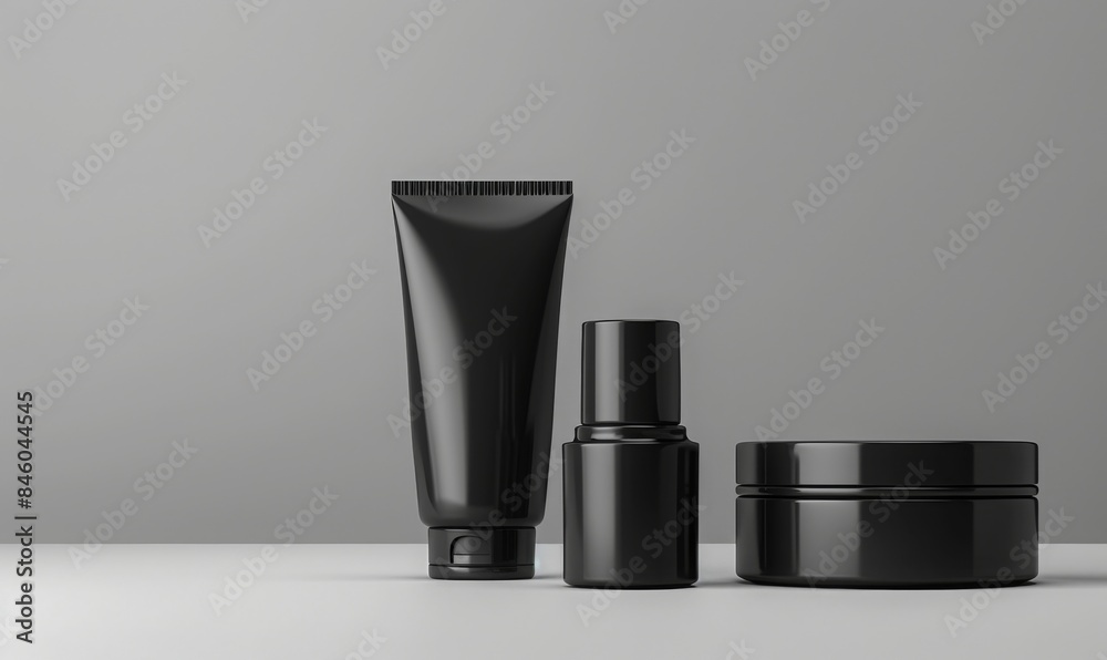 Lineup of black cosmetic beauty products. 3D Rendering Lineup of black cosmetic beauty products. 3D Rendering