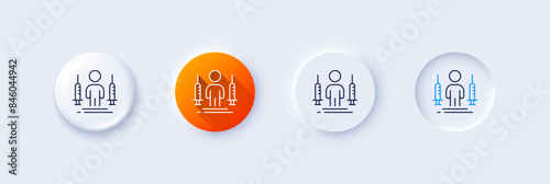 Coronavirus two injections line icon. Neumorphic, Orange gradient, 3d pin buttons. Corona vaccine syringe sign. Covid jab symbol. Line icons. Neumorphic buttons with outline signs. Vector