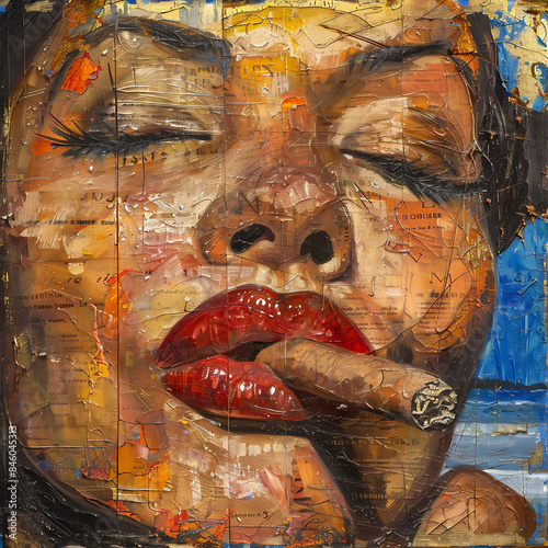 Close Up Painting of a Beautiful Black Woman Smoking a Cigar