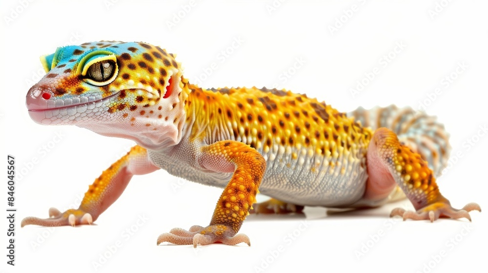 Curious leopard gecko with colorful scales on white background, showcasing intricate patterns and textures, gazing directly at viewer. Highlighting nature's wonders Curious leopard gecko with colorful scales on white background, showcasing intricate patterns and textures, gazing directly at viewer. Highlighting nature's wonders