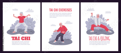 Elderly Tai Chi practice. Vector illustration set