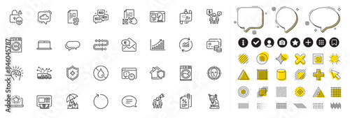 Set of Cloud communication, Methodology and Laptop line icons for web app. Design elements, Social media icons. Dryer machine, Tax documents, Cyber attack icons. Vector
