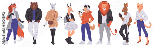 Fashionable furry animals in human clothes, vector set.
