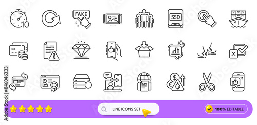 Group, Phone timing and Get box line icons for web app. Pack of Recovery server, Timer, Ssd pictogram icons. Image carousel, Internet documents, Checkbox signs. Money, Cut, Touchscreen gesture. Vector