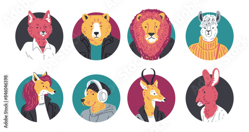 Set of stylized icons: humanized furry animals in chic outfits.