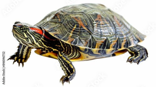 Red-eared slider turtle poses elegantly against a white backdrop, captivating viewers with its mesmerizing gaze and vibrant green shell