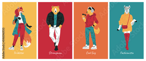 Fashionable animals in trendy outfits vector set
