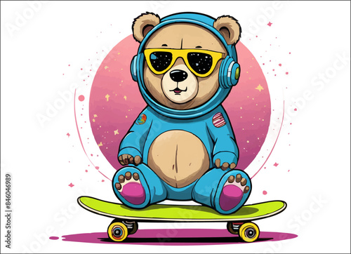 Vector fashion design for children t-shirt. 
Cute teddy bear on skateboard
with star isolated on white background. Pattern for textiles, 
fabric, clothing for boy and girl in cartoon style.