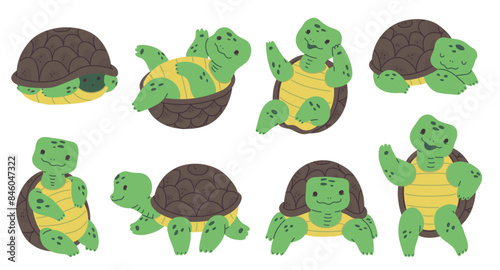 Cheerful turtles character poses vector set