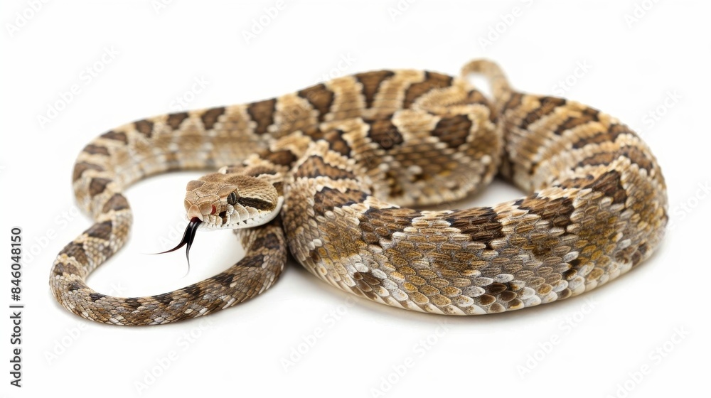 Coiled rattlesnake flicks its tongue, sensing prey in the air against a white backdrop Coiled rattlesnake flicks its tongue, sensing prey in the air against a white backdrop