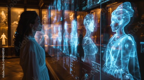 A woman stands in a museum gazing at a holographic display showcasing historical figures.