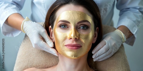 Elegant Mature Woman Wearing Golden Facial Mask photo