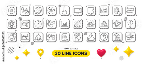Swipe up, Update data and Electronic thermometer line icons pack. 3d design elements. Trade chart, Puzzle, Journey path web icon. Mindfulness stress, Inspect, Chemistry lab pictogram. Vector