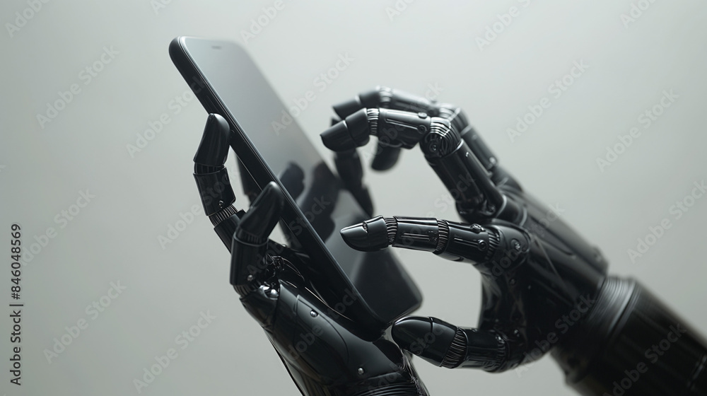 Fototapeta premium A close-up of a robotic hand holding and interacting with a smartphone, showcasing the integration of technology and artificial intelligence