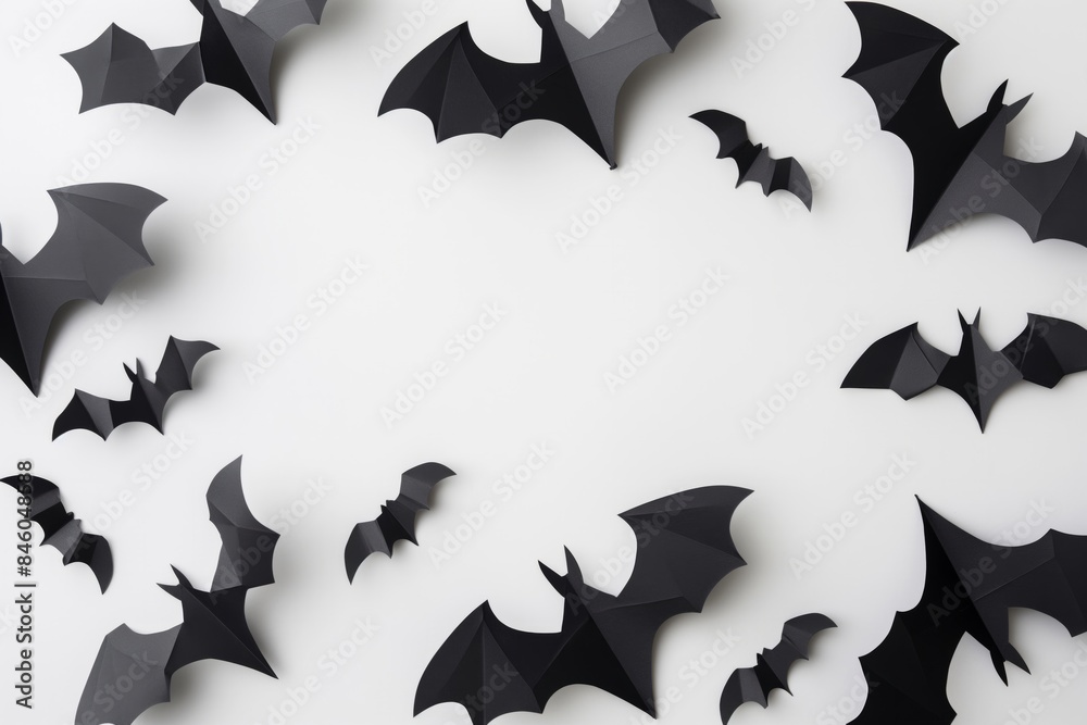 A multitude of black bats flying on a white background, perfect for Halloween-themed designs and festive projects. Copy space. Flat lay. Top view A multitude of black bats flying on a white background, perfect for Halloween-themed designs and festive projects. Copy space. Flat lay. Top view