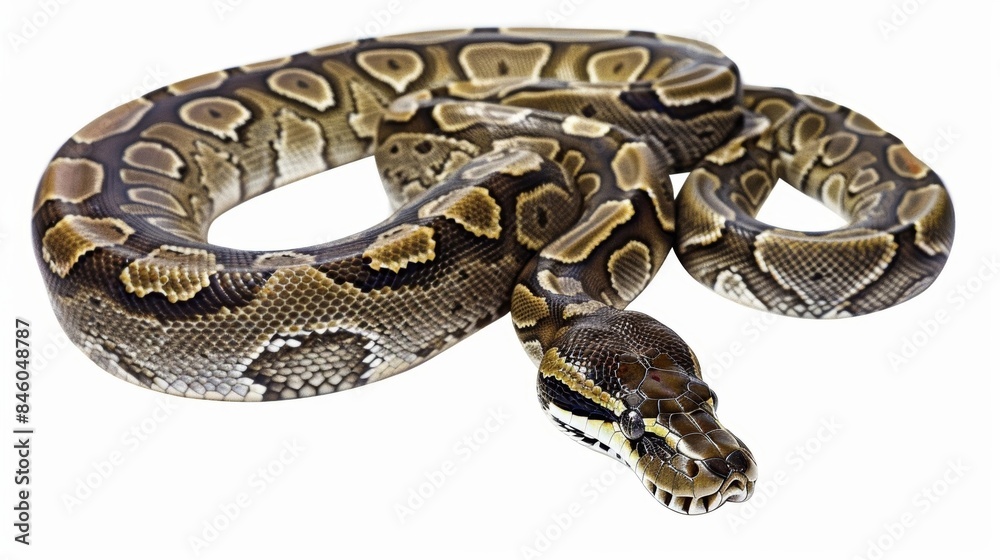 Royal python proudly displays its intricate scales, coiled up against a white background. Mesmerizing pattern and texture highlight the beauty of this exotic, dangerous predator Royal python proudly displays its intricate scales, coiled up against a white background. Mesmerizing pattern and texture highlight the beauty of this exotic, dangerous predator