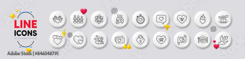 Love message, Equality and Heart line icons. White buttons 3d icons. Pack of Couple, Heart flame, Heartbeat timer icon. Love letter, Romantic dinner, Honeymoon cruise pictogram. Vector