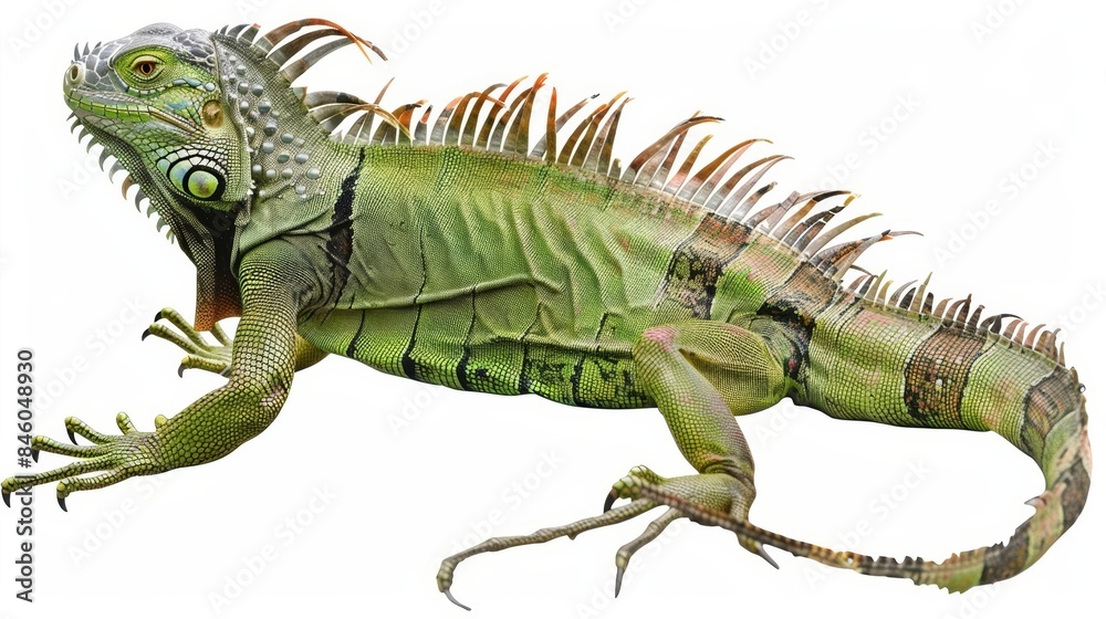 Obraz premium Impressive and grand green iguana is standing, displaying its size and intricate scales