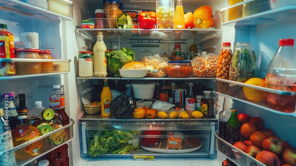 A well-stocked refrigerator with various food and beverages on the shelves. A well-stocked refrigerator with various food and beverages on the shelves.