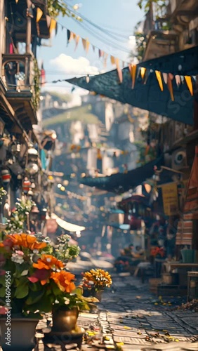 A photo of a busy street market in a middle eastern city. The market is full of people, stalls, and colorful flags. There are buildings on either side of the street with plants hanging from the window