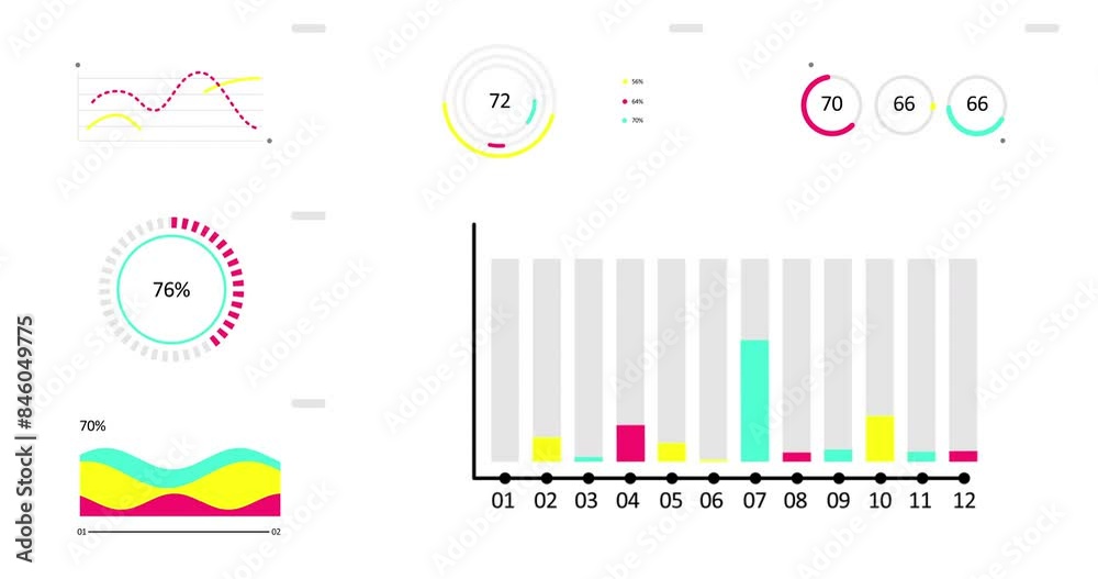 Animated Infographics set. Animation of seven different charts and graphs in bright color isolated on white background. High quality 4k motion design