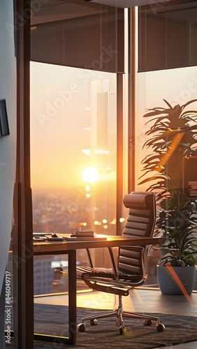 An empty office with a large window looking out over a city at sunset.