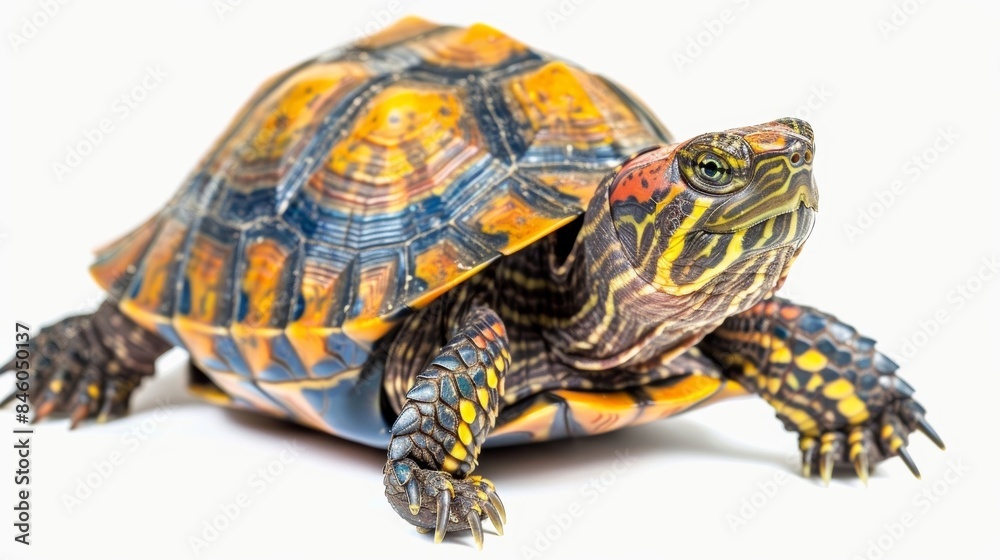 Fototapeta premium Eastern painted turtle with its vibrant shell is moving across a white backdrop