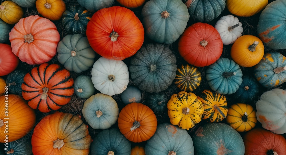 Top view of various colorful pumpkins arranged together, perfect for fall-themed projects and seasonal designs.