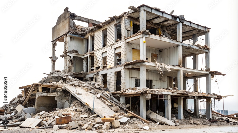 A large building is being demolished, sitting on a pile of rubble on white background A large building is being demolished, sitting on a pile of rubble on white background