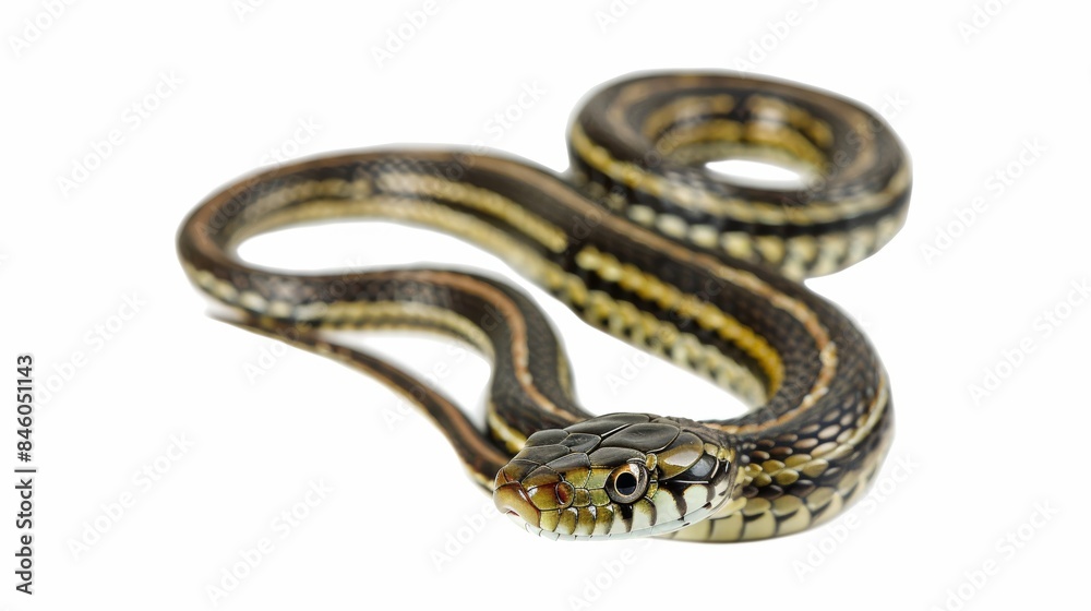 Common garter snake is moving on a white background, showing its scales and forked tongue Common garter snake is moving on a white background, showing its scales and forked tongue