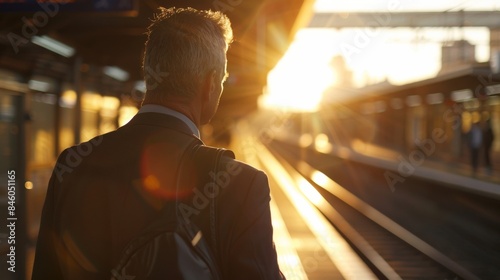 A businessman with suit jacket slung casually over shoulder stands near the edge of the platform as waits for the train. . . photo