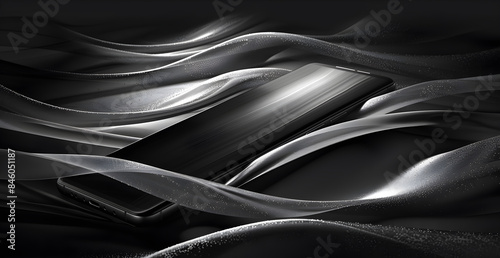 Fototapeta Naklejka Na Ścianę i Meble -  A black and white image of a cell phone with a silver background