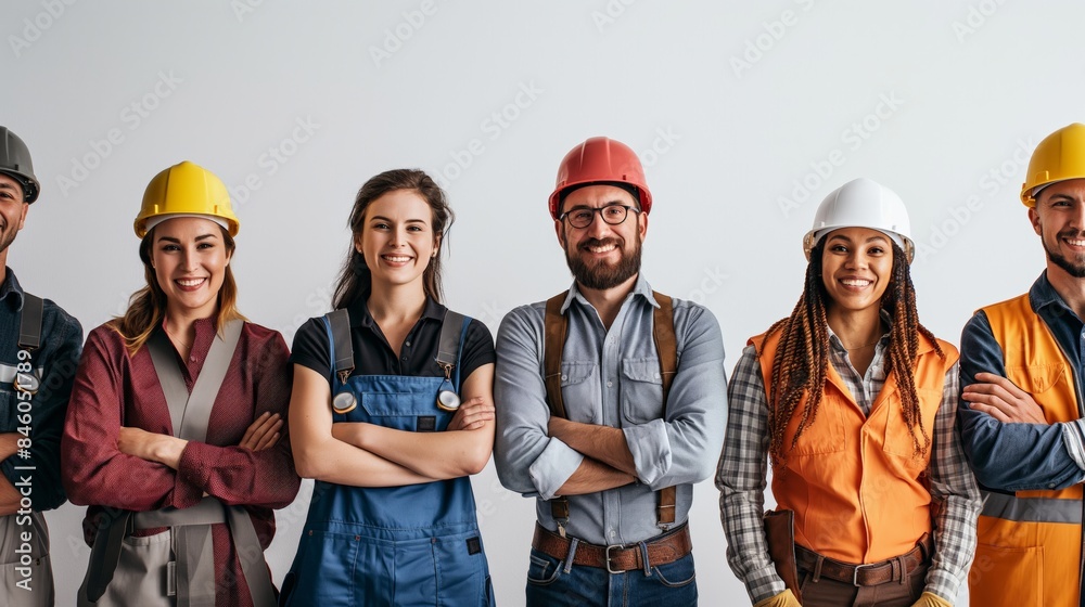Minimalistic and bright Labor Day celebration, showcasing workers of various professions smiling, isolated on a white background. The clean design emphasizes unity and happiness.
Minimalistic and bright Labor Day celebration, showcasing workers of various professions smiling, isolated on a white background. The clean design emphasizes unity and happiness.
