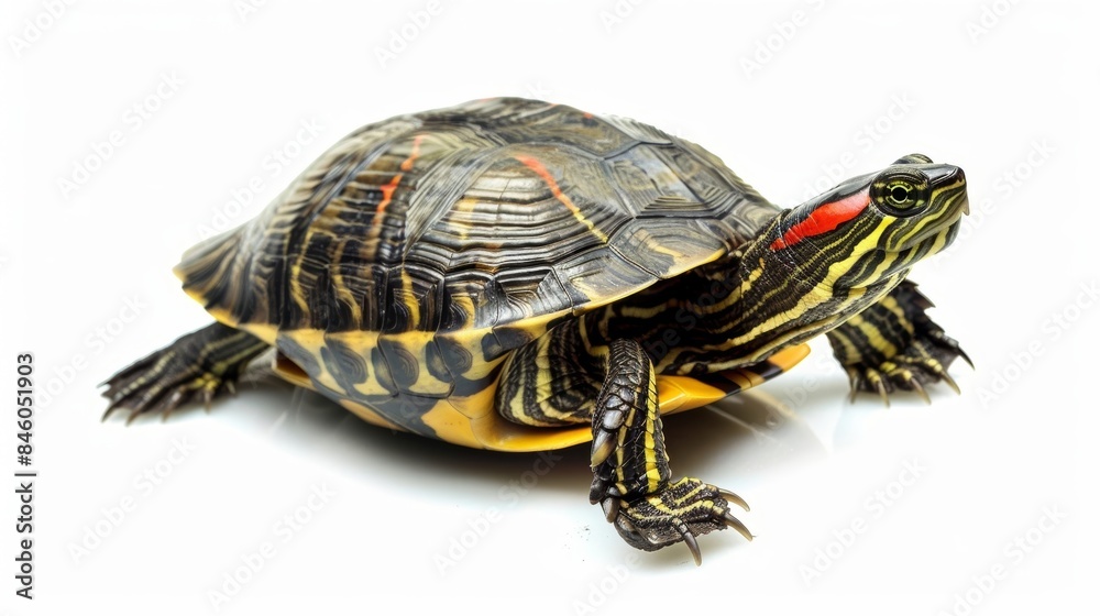 Obraz premium Vibrant red eared slider turtle stands alert on a white background, showing its colorful shell and scaly skin. It moves gracefully, making a striking image