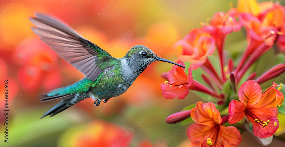 A hummingbird is perched on a red flower A hummingbird is perched on a red flower