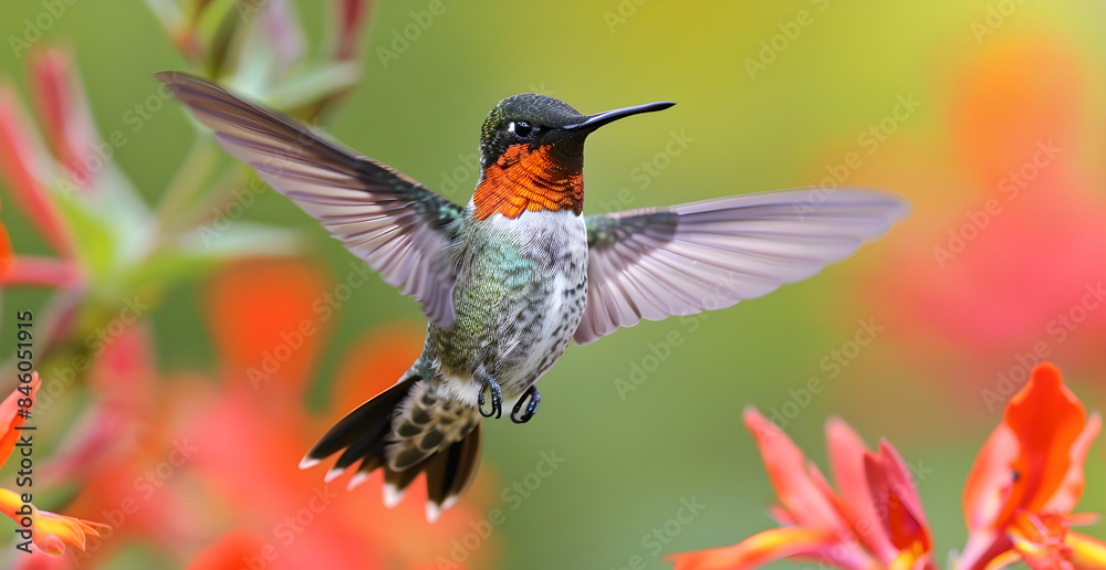 Fototapeta premium A hummingbird is flying over a flower with red petals