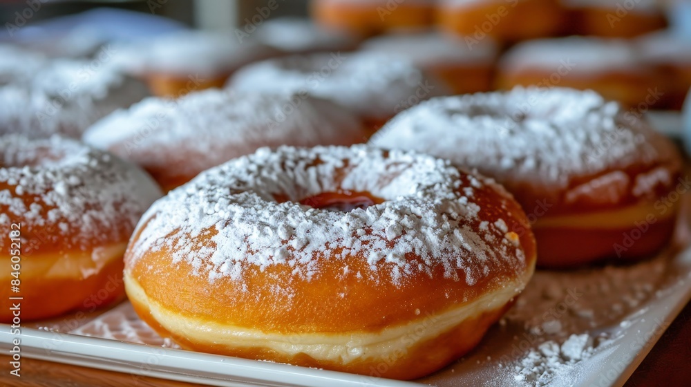 Close up of a single powdered jelly donut on softly lit white background, delicious sweet treat Close up of a single powdered jelly donut on softly lit white background, delicious sweet treat