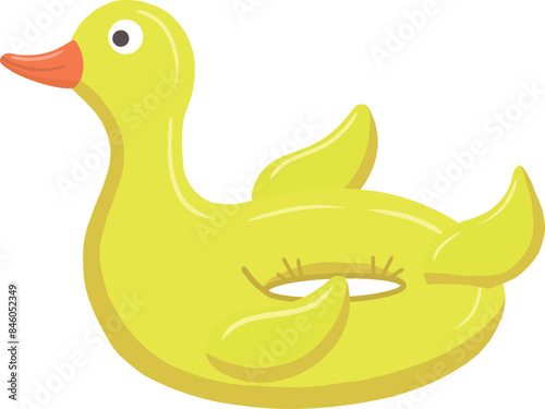 Inflatable swimming circle "Yellow duck". An image of a rubber toy designed for safe bathing and relaxation of children in the pool and on . Illustration on the beach. Isolated vector illustration