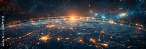 A digital art illustration depicting a wide view of Earth from space  showcasing glowing city lights and a vibrant sunset