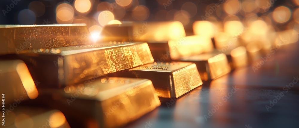 Shiny gold bars arranged in a row, illuminated by warm light. Perfect for financial and investment-themed projects. Shiny gold bars arranged in a row, illuminated by warm light. Perfect for financial and investment-themed projects.