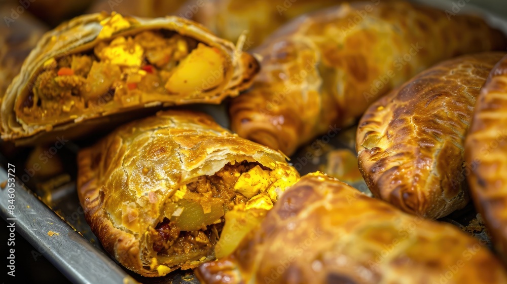 Ready to cook curry puff filled with curried potatoes egg and chicken seen up close Ready to cook curry puff filled with curried potatoes egg and chicken seen up close