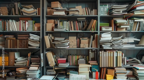 A bookshelf in an office is overflowing with books, papers, and binders. The shelves are crammed full, and there are piles of items on the floor. photo