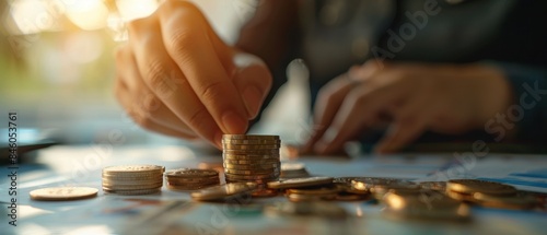 Close-up of hands stacking coins on a table, representing financial planning and savings. Blurred background indicates a professional setting.