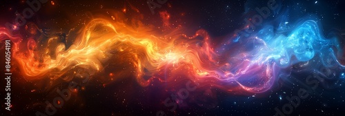 Ultra-wide abstract background with dynamic, swirling flames in orange and blue against a dark background