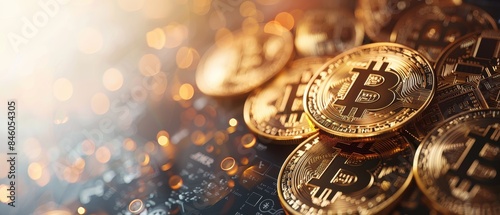 Golden bitcoins scattered on a dark, glittering surface with a blurred, glowing background, representing cryptocurrency and digital finance. photo