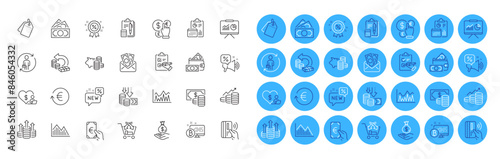Cash back, Growth chart and Replacement line icons pack. Investment graph, Presentation, Discounts offer web icon. Volunteer, Coins banknote, Checklist pictogram. Bribe, Income money. Vector