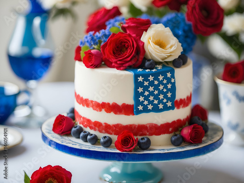 Wallpaper Mural The cake is decorated with red, white, and blue colors, roses, and blueberries Torontodigital.ca