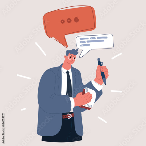 Cartoon vector illustration business consultant with pen right down to the note information. Speech balloon above him