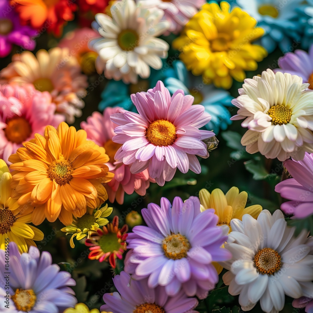 Wildflowers and bokeh in the sunlight.Rainbow Daisies. Chrysanthemum Rainbow Flower. Bouquets of blossom rainbow Chrysanthemum flowers, selective focus. Generative AI Wildflowers and bokeh in the sunlight.Rainbow Daisies. Chrysanthemum Rainbow Flower. Bouquets of blossom rainbow Chrysanthemum flowers, selective focus. Generative AI